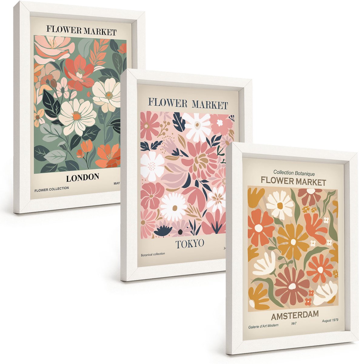 Wallfluent 3-Delige Schilderij Set - Posters Met Bloemenpatronen Uit Londen, Tokio En Amsterdam - 20 x 30 - Wanddecoratie - Moderne Interieurdecoratie - Interieur Decoratie