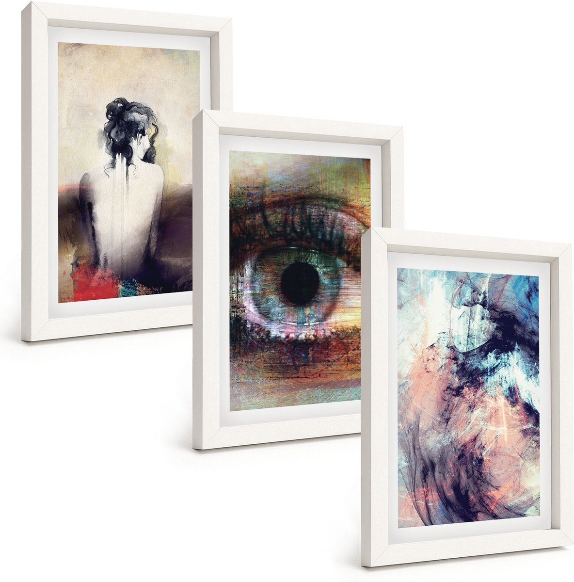 Wallfluent 3-Delige Schilderij Set - Portret Van Een Vrouwenoog Abstracte Kleuren Emoties - 20 x 30 - Wanddecoratie - Woonkamer Decoratie