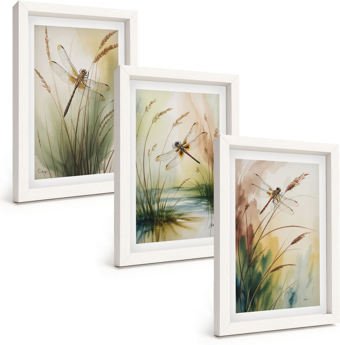 Wallfluent 3-Delige Schilderij Set - Libellen Tussen Het Gras Bij Het Water In Een Schilderachtige Stijl. - 20 x 30 - Stijlvolle Muurdecoratie - Kantoor - Interieur Decoratie