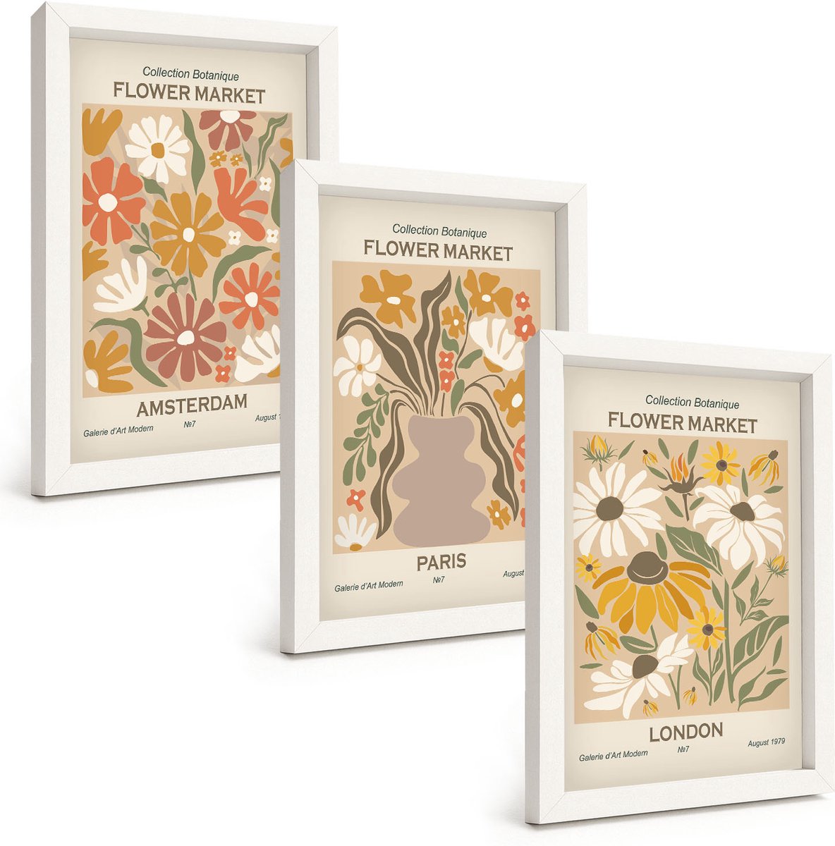 Wallfluent 3-Delige Schilderij Set - Bloemenpatronen Uit Amsterdam, Parijs En Londen - 20 x 30 - Decoratieve Muurdecoratie - Slaapkamer