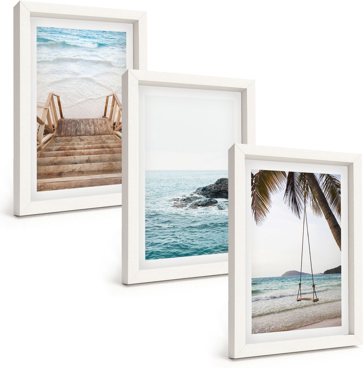 Wallfluent 3-Delige Schilderij Set - Trap Naar Het Strand, Uitzicht Op Zee En Schommel In Een Palmboom - 20 x 30 - Muurdecoratie - Decoratieve Schilderijen - Wohnzimmer