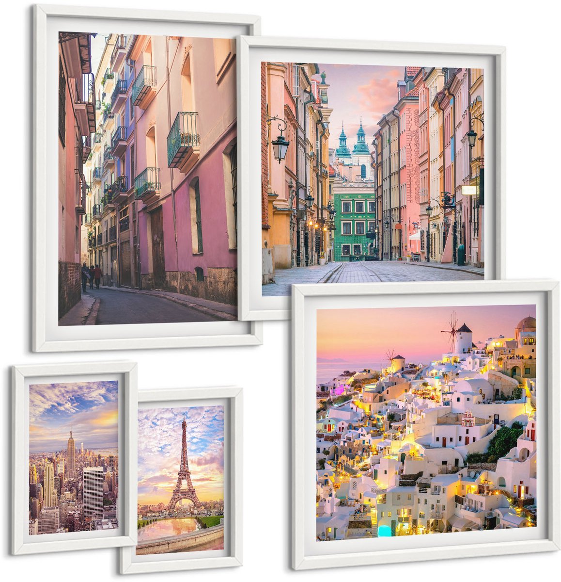 Wallfluent 5-Delige Schilderij Set - Charmante Steden En Pittoreske Europese Landschappen - 50 x 50 cm, 20 x 30 cm En 40 x 60 cm - Muurdecoratie - Wanddecoratie - Hal