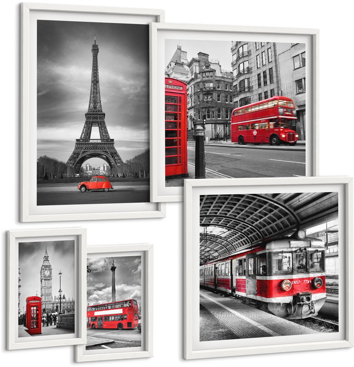 Wallfluent 5-Delige Schilderij Set - Stijlvolle Stadsgezichten Met Iconen Van Londen En Parijs. - 50 x 50 cm, 20 x 30 cm En 40 x 60 cm - Decoratieve Muurdecoratie - Slaapkamer - Woonkamer Decoratie