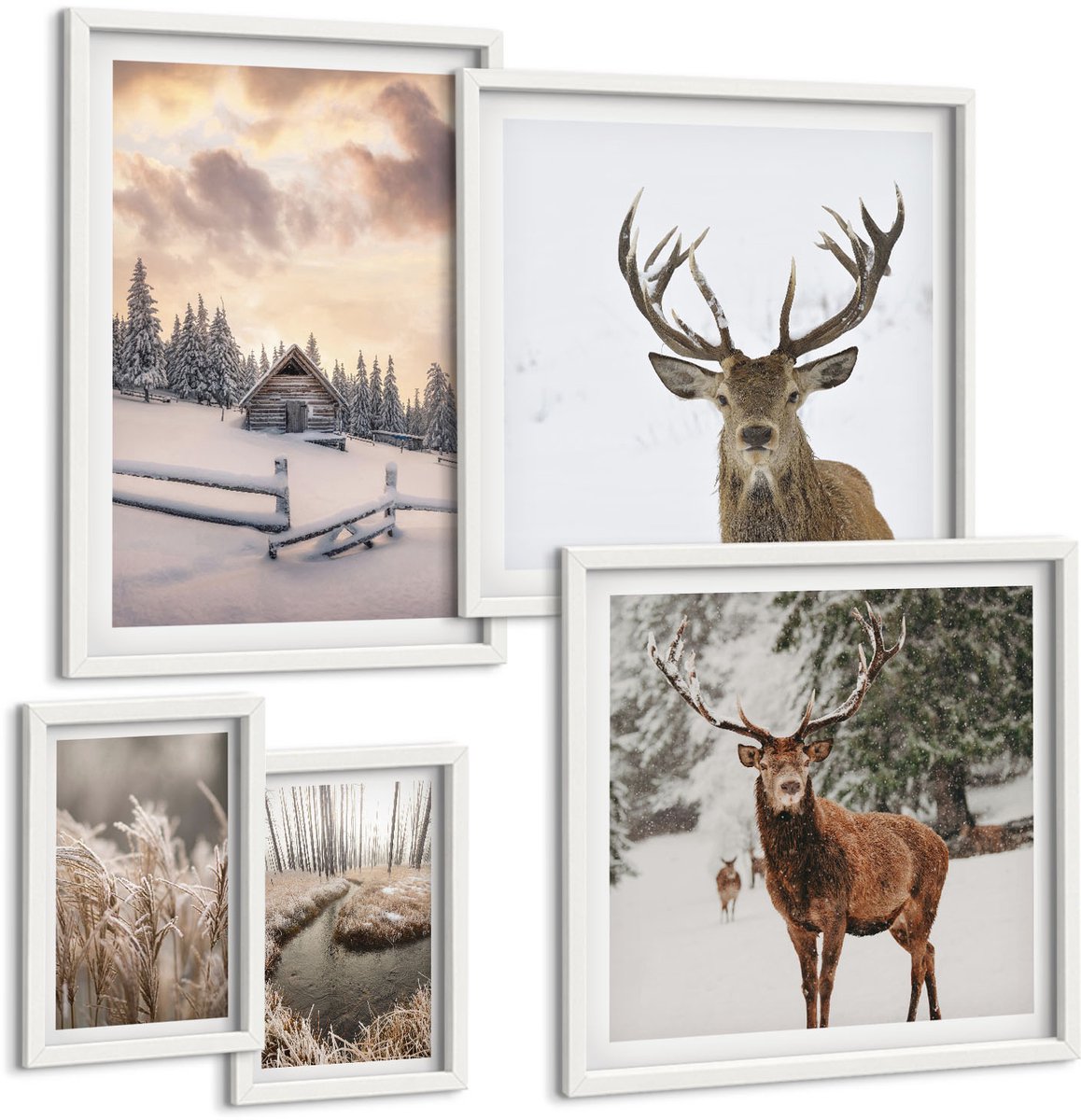 Wallfluent 5-Delige Schilderij Set - Winterlandschap Met Herten En Een Idyllisch Huisje In Het Bos. - 50 x 50 cm, 20 x 30 cm En 40 x 60 cm - Decoratieve Schilderijen - Woonkamer - Interieur - Wanddecoratie