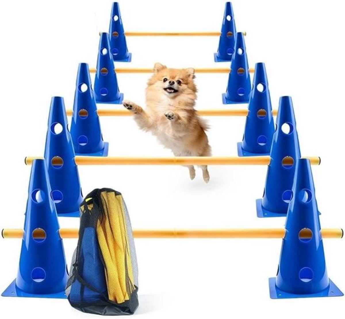 Agility Hordenset - Trainingshorden Kegels - Coördinatie Training - Verstelbare Hoogte - 10 Kegels 5 Staven - Blauw Geel
