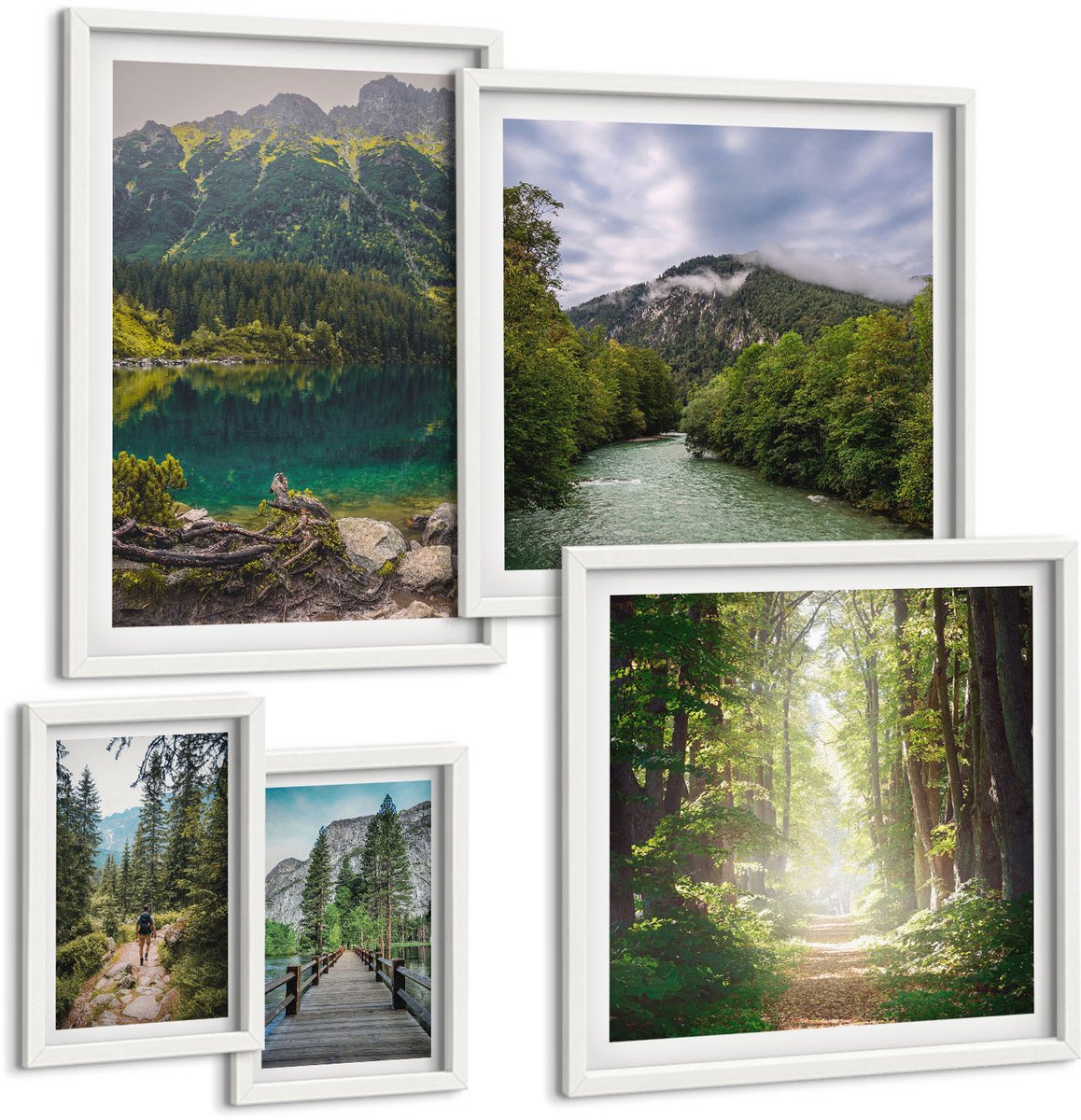 Wallfluent 5-Delige Schilderij Set - Natuurlijke Berglandschappen En Boswandelpaden - 50 x 50 cm, 20 x 30 cm En 40 x 60 cm - Wanddecoratie - Schilderijen Set - Kantoor - Muurdecoratie