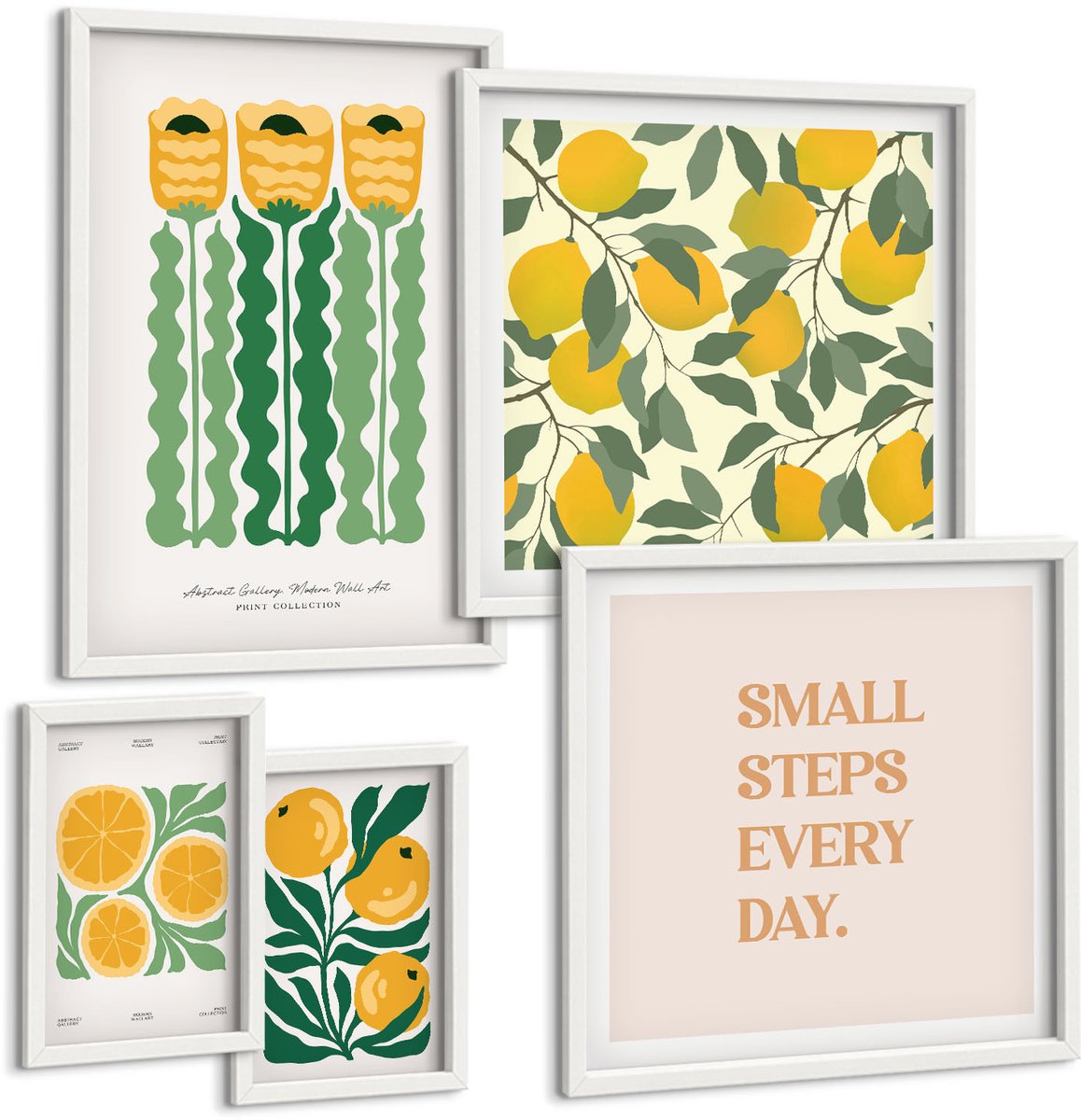 Wallfluent 5-Delige Schilderij Set - Bloemaccenten Met Citrusmotieven En Positieve Slogans. - 50 x 50 cm, 20 x 30 cm En 40 x 60 cm - Muurdecoratie - Wanddecoratie - Hal