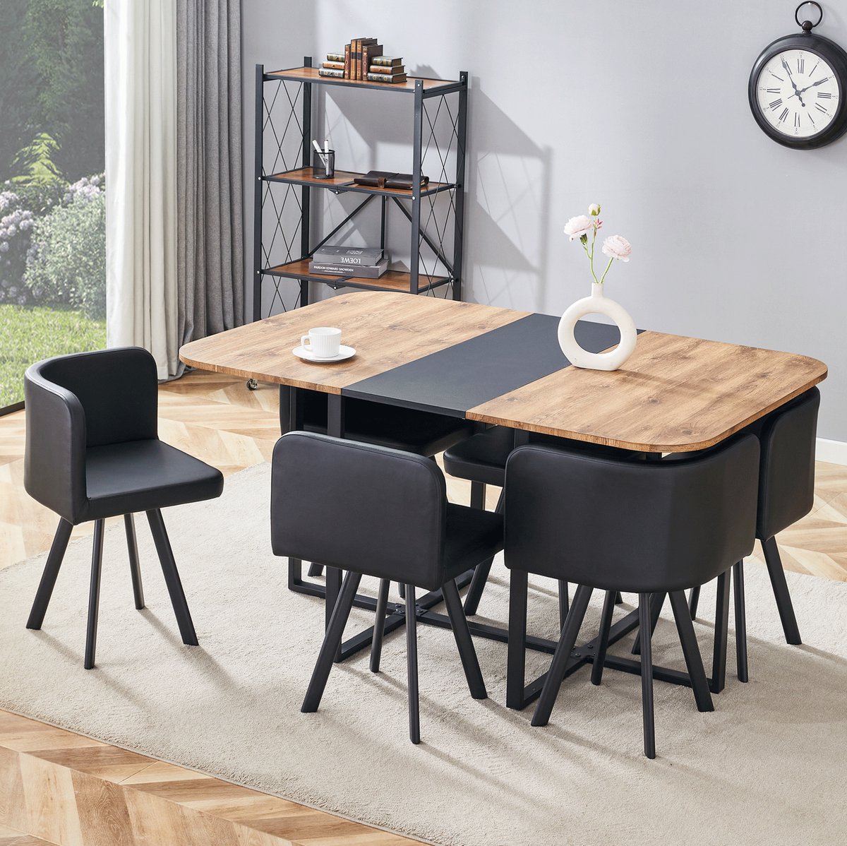 REDOM - Esstisch-Set - Uitklapbare eettafel met houtlook - Zwart metalen kruisframe - Verplaatsbare stoelen - Modern - Keuken en woonkamer - Hout en metaal - Zwart - 150 x 100 x 79 cm