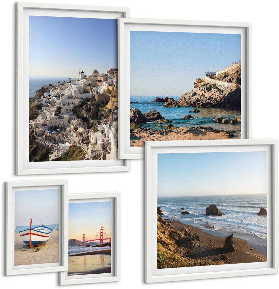 Wallfluent 5-Delige Schilderij Set - Uitzichten Op Pittoreske Stranden En Charmante Stadjes - 50 x 50 cm, 20 x 30 cm En 40 x 60 cm - Wanddecoratie - Muurdecoratie - Moderne Interieurdecoratie - Moderne Wanddecoratie