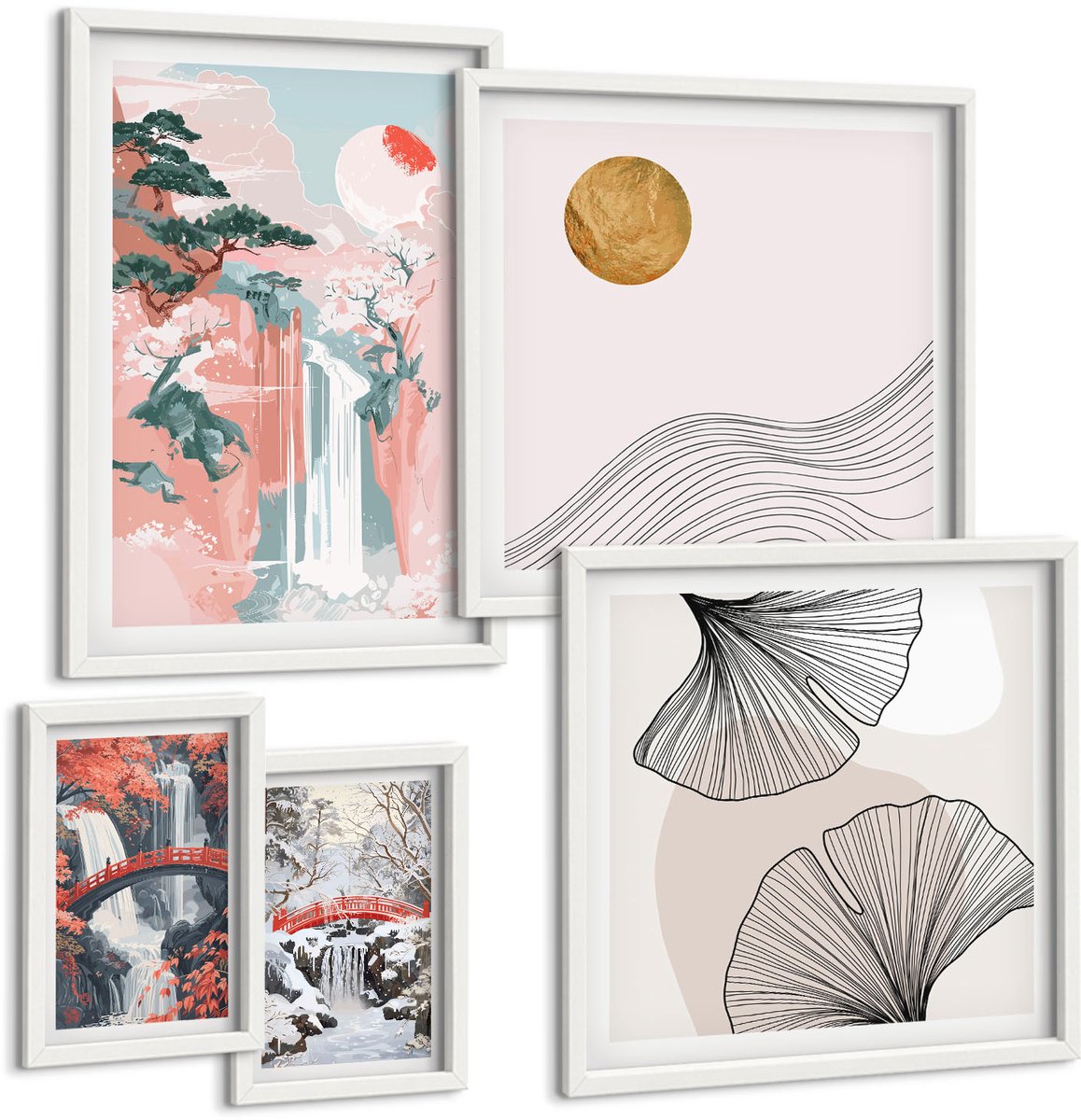 Wallfluent 5-Delige Schilderij Set - Natuurlijke Landschappen Met Watervallen En Vegetatie In Japanse Stijl - 50 x 50 cm, 20 x 30 cm En 40 x 60 cm - Moderne Wanddecoratie - Slaapkamer - Stijlvolle Muurdecoratie