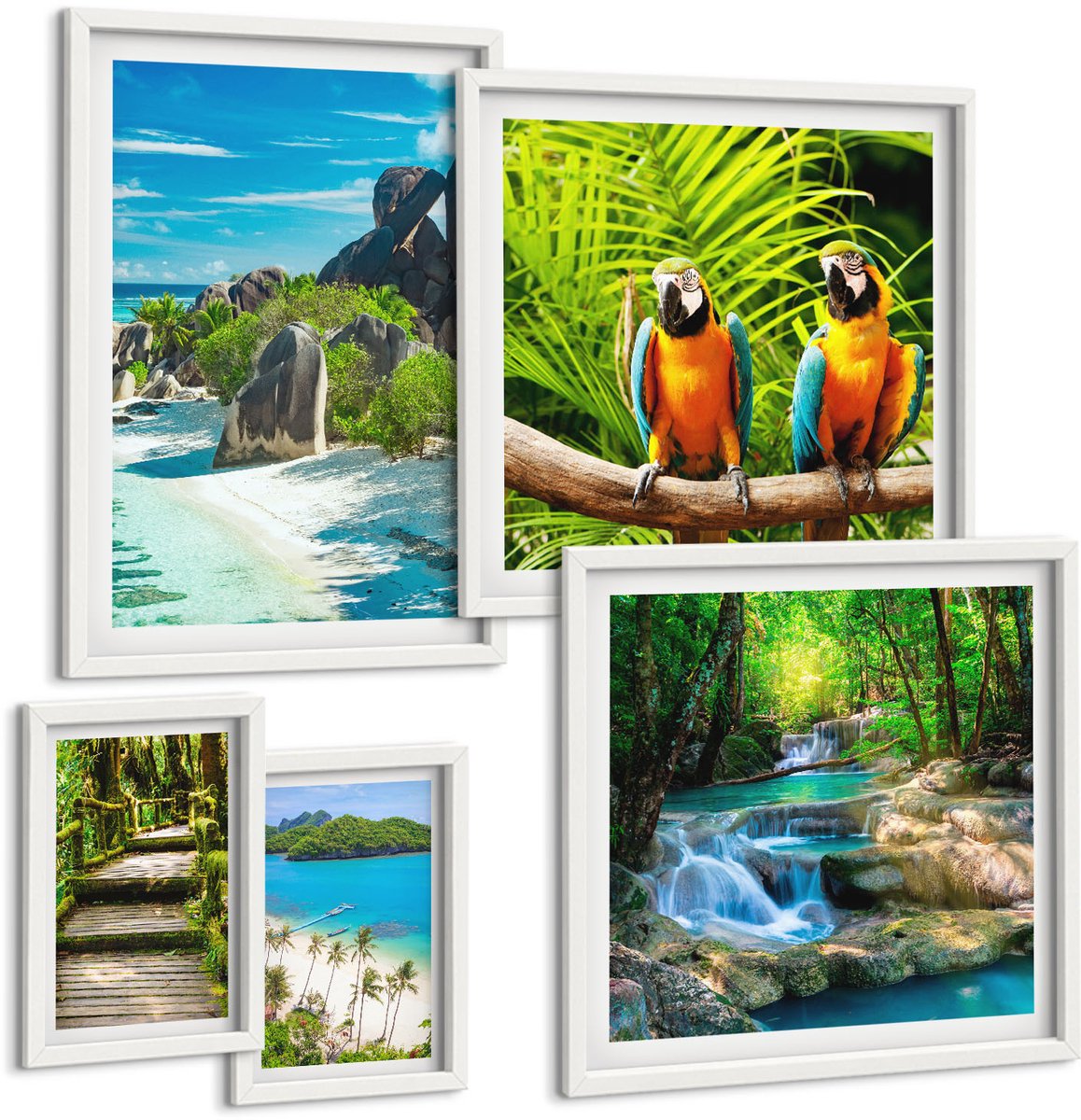 Wallfluent 5-Delige Schilderij Set - Tropische Landschappen Met Exotische Vogels En Watervallen - 50 x 50 cm, 20 x 30 cm En 40 x 60 cm - Wanddecoratie - Schilderijen Set - Interieur - Muurdecoratie