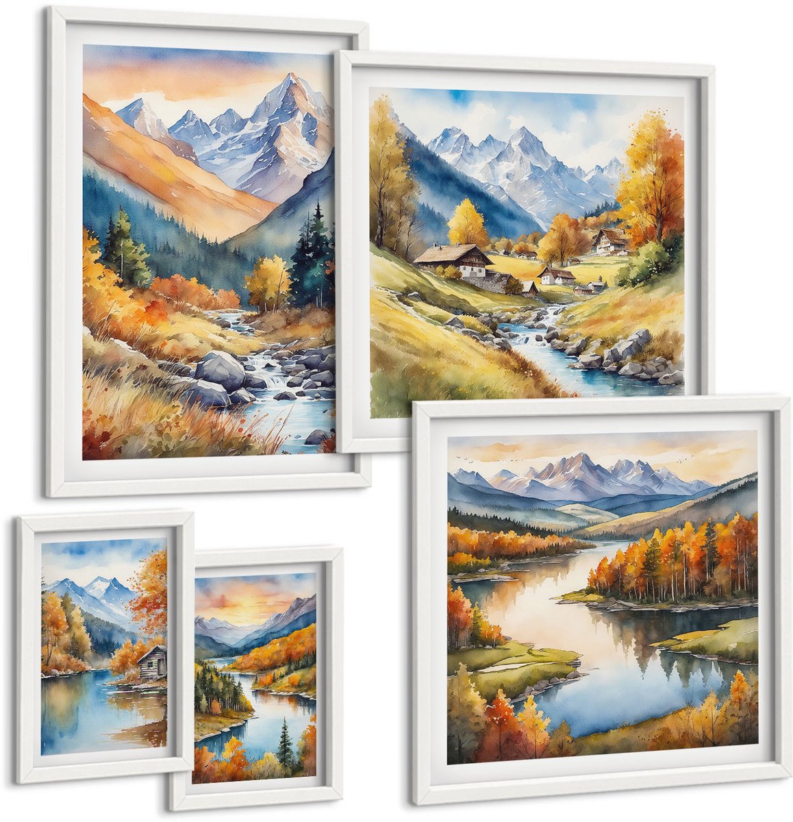 Wallfluent 5-Delige Schilderij Set - Berglandschappen In De Herfstkleuren Van De Natuur - 50 x 50 cm, 20 x 30 cm En 40 x 60 cm - Wanddecoratie - Schilderijen Set - Interieur - Woonkamer Decoratie