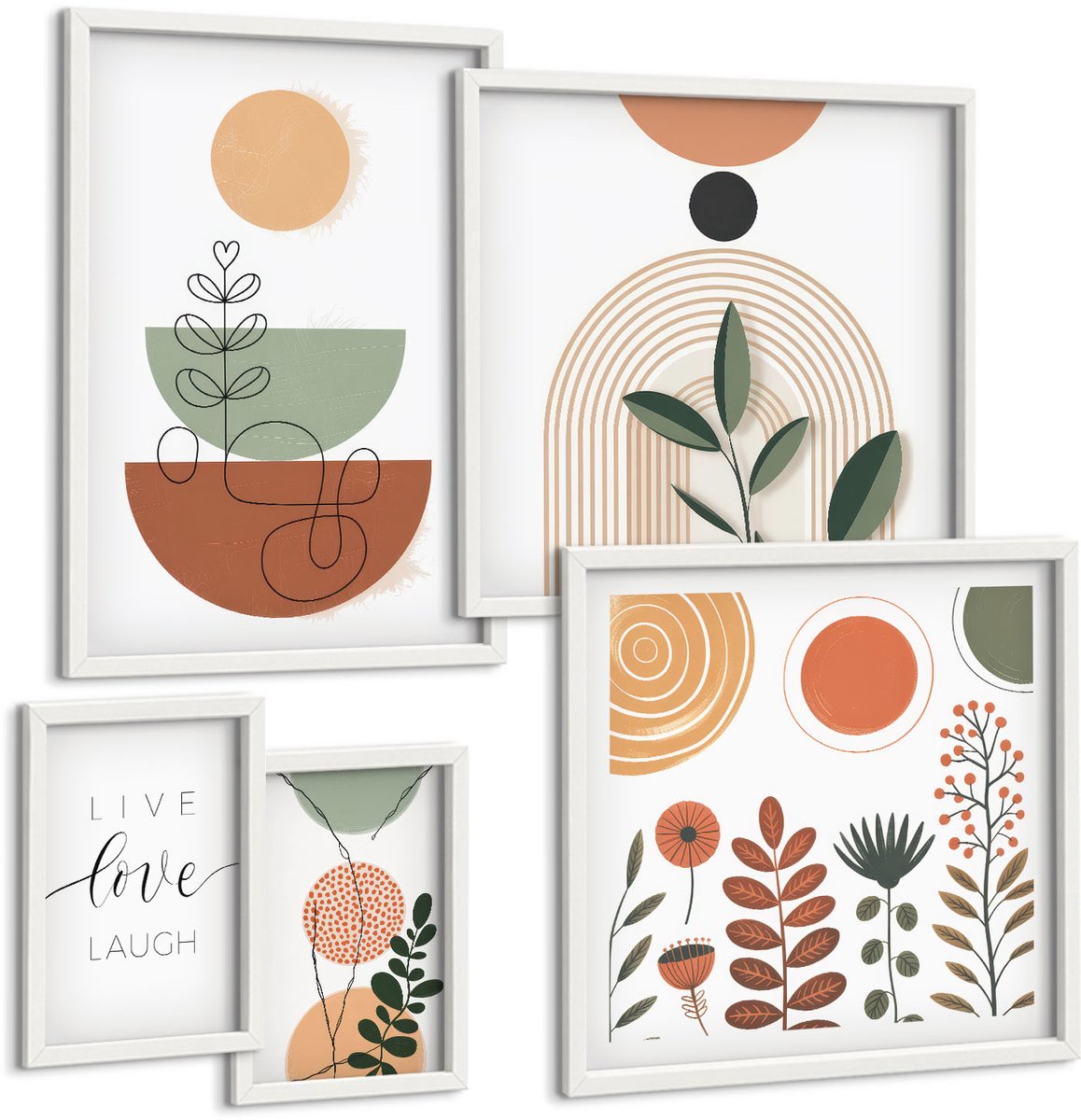 Wallfluent 5-Delige Schilderij Set - Stijlvolle Afbeeldingen Met Plantmotieven En Geometrische Vormen. - 50 x 50 cm, 20 x 30 cm En 40 x 60 cm - Decoratieve Schilderijen - Woonkamer - Interieur - Stijlvolle Muurdecoratie