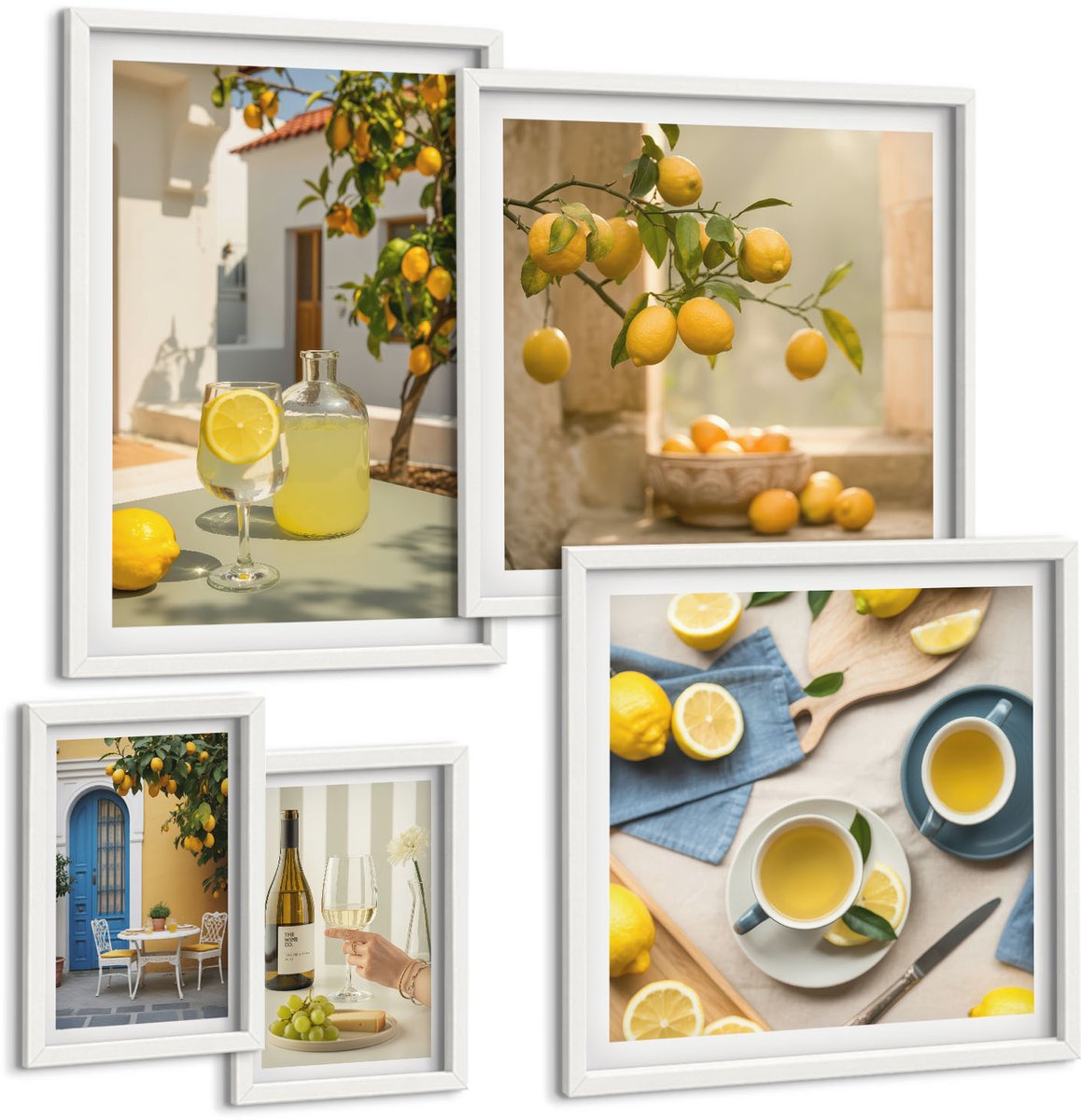 Wallfluent 5-Delige Schilderij Set - Citroenthema In Een Rustieke Stijl Voor De Keuken - 50 x 50 cm, 20 x 30 cm En 40 x 60 cm - Muurdecoratie - Wanddecoratie - Slaapkamer - Decoratieve Schilderijen