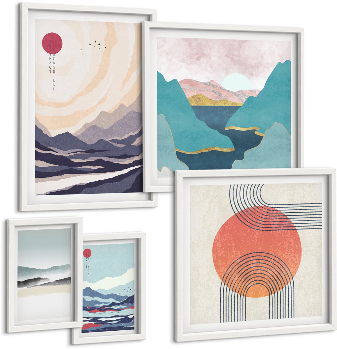 Wallfluent 5-Delige Schilderij Set - Abstracte Berglandschappen En Geometrische Vormen - 50 x 50 cm, 20 x 30 cm En 40 x 60 cm - Stijlvolle Wanddecoratie - Interieur