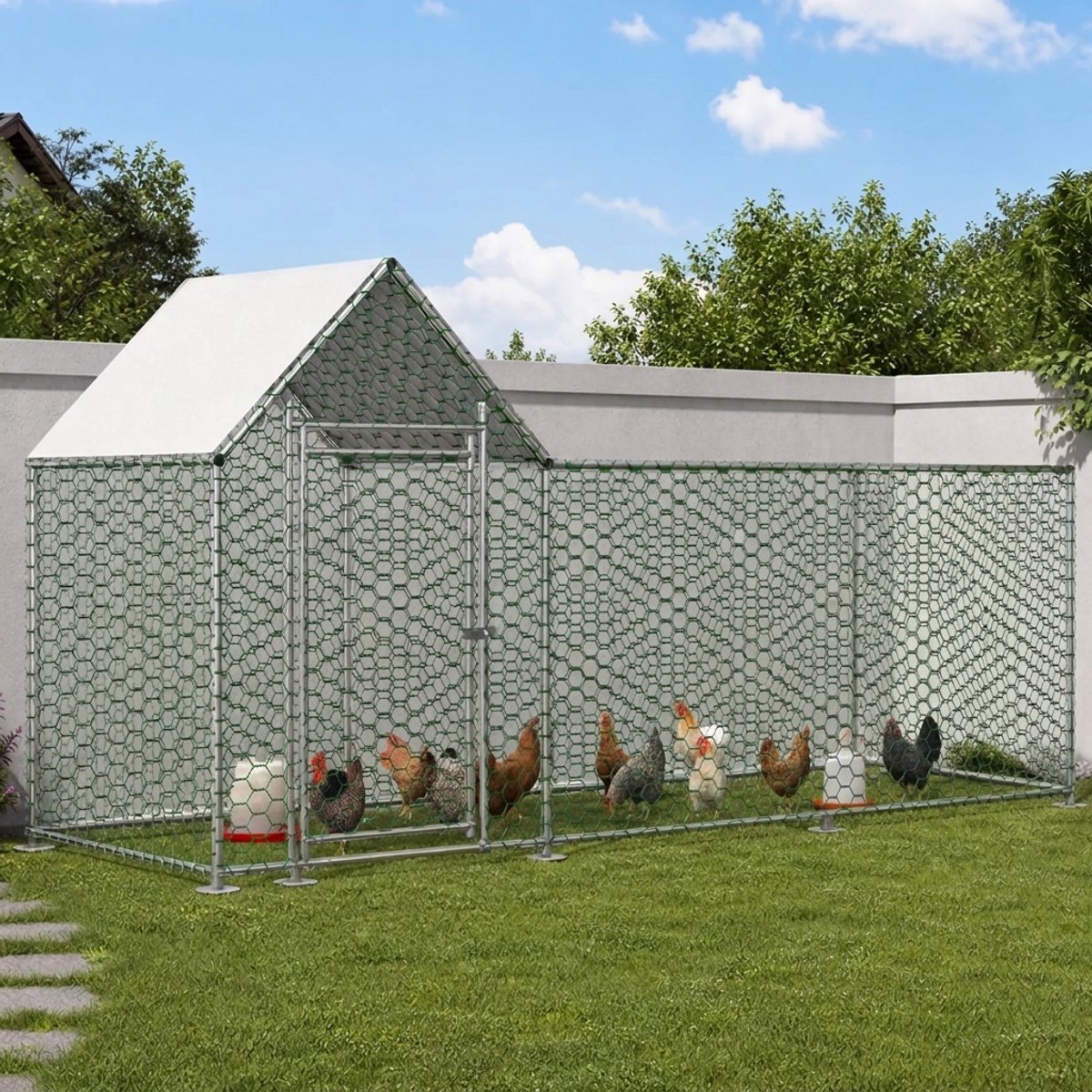 Kippenren 3 x 1 x 1,5 m – Metalen Dierenverblijf met Veiligheidsslot en Waterdicht PE-Dak – Voor Kleinvee