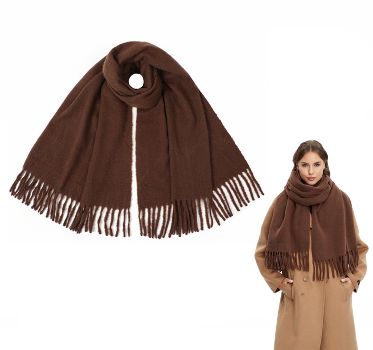 Warme wintersjaal - Warme sjaal - Lichtgewicht en zachte sjaal - Sjaal met kwastjes - Multifunctionele omslagdoek - Sjaal - 180*65 cm - Unisex - Geschikt voor uitstapjes, reizen, werk en om warm te blijven - Bruin