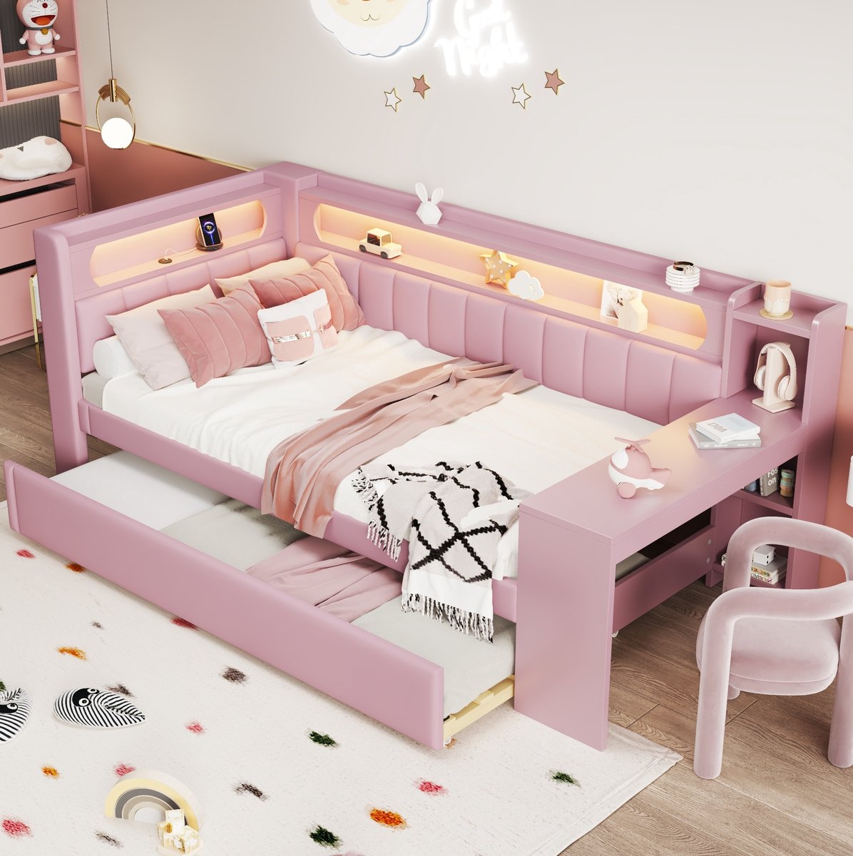 REDOM - Bedbank met uitziehbed - USB-aansluiting en LED-verlichting - Ingebouwde bureau en opbergruimte - Stoffen bekleding - Slaapkamer - MDF - Roze - 90 x 200 cm