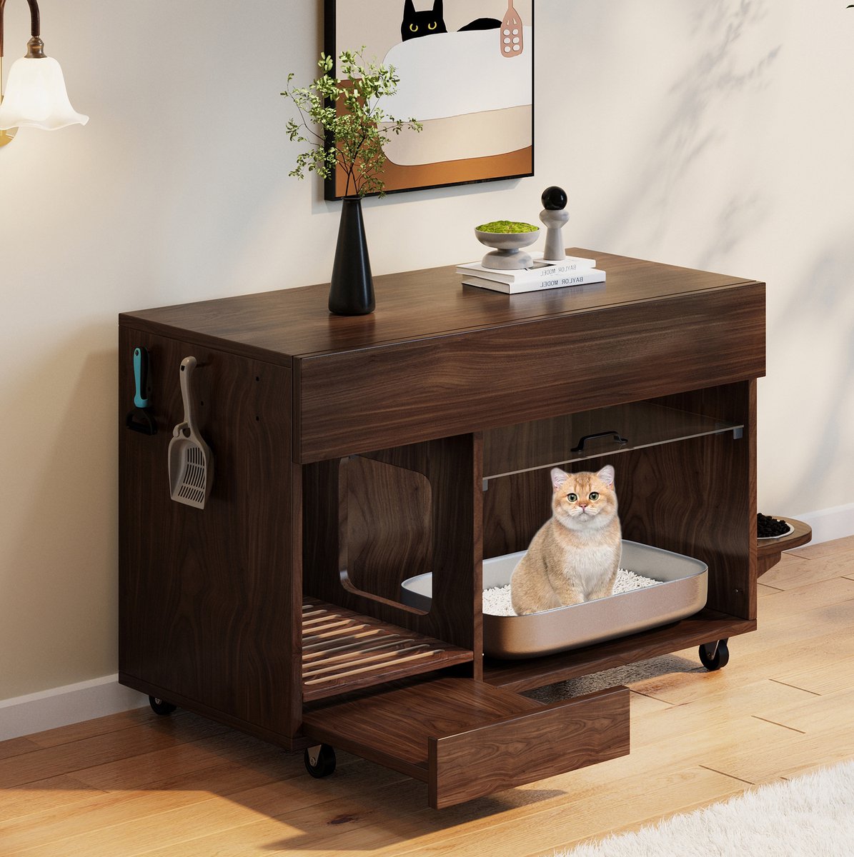 REDOM - Kast - Versteekt kattenbak - Met uitneembare zandvangplaat en 2 kattenfutterschalen - Met wielen - Woonkamer - MDF - Walnoot - 100 x 45,5 x 67 cm