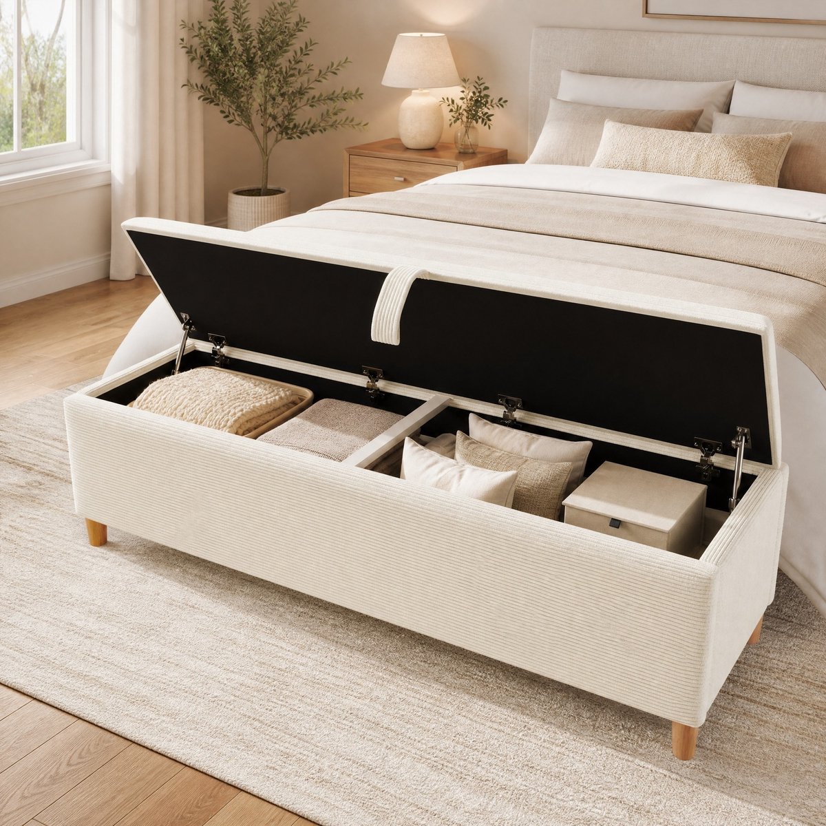 REDOM - Bed - 160 x 200 cm - Hoofdbord met opbergruimte en LED-verlichting - Inclusief bedbank met opbergruimte - Modern - Slaapkamer - Stof, Hout, MDF, Spaanplaat - Beige - 165 x 253 x 110 cm