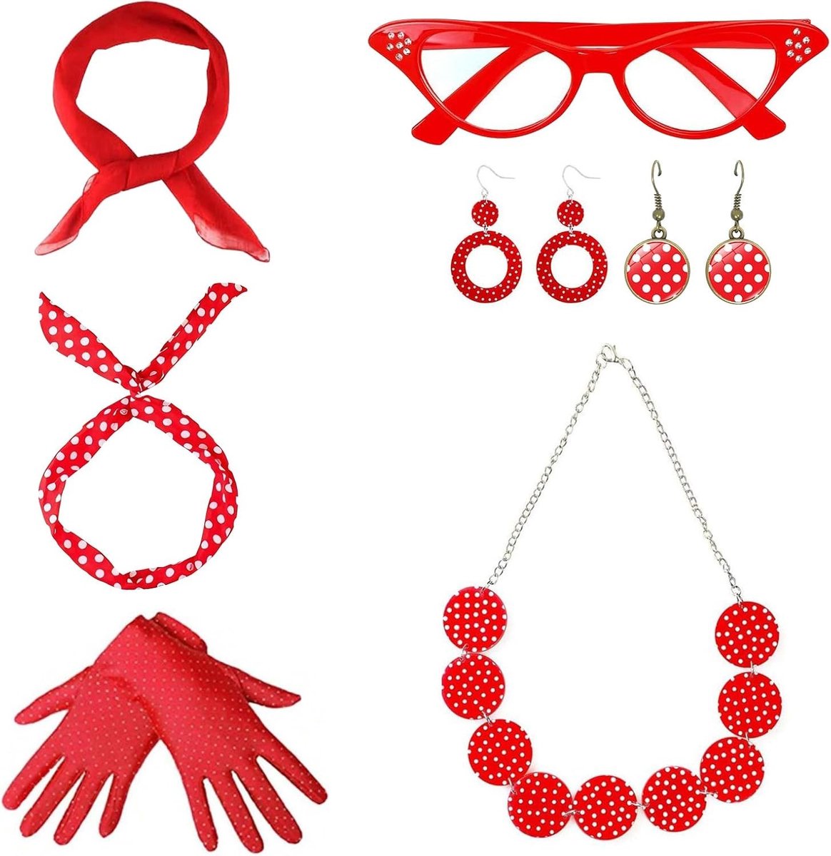 Vintage Rockabilly Accessoires voor Vrouwen - 7-delige Set met Handschoenen, Haarband en Chiffon Sjaal voor Feestjes en Carnaval