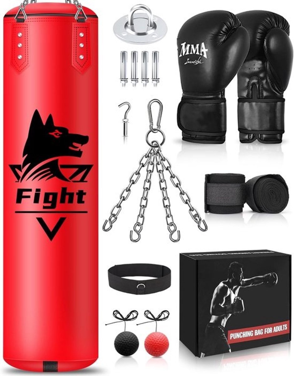 Zware bokszak ophangset 122 cm, inclusief handschoenen en compleet accessoirespakket voor fitness en martial arts