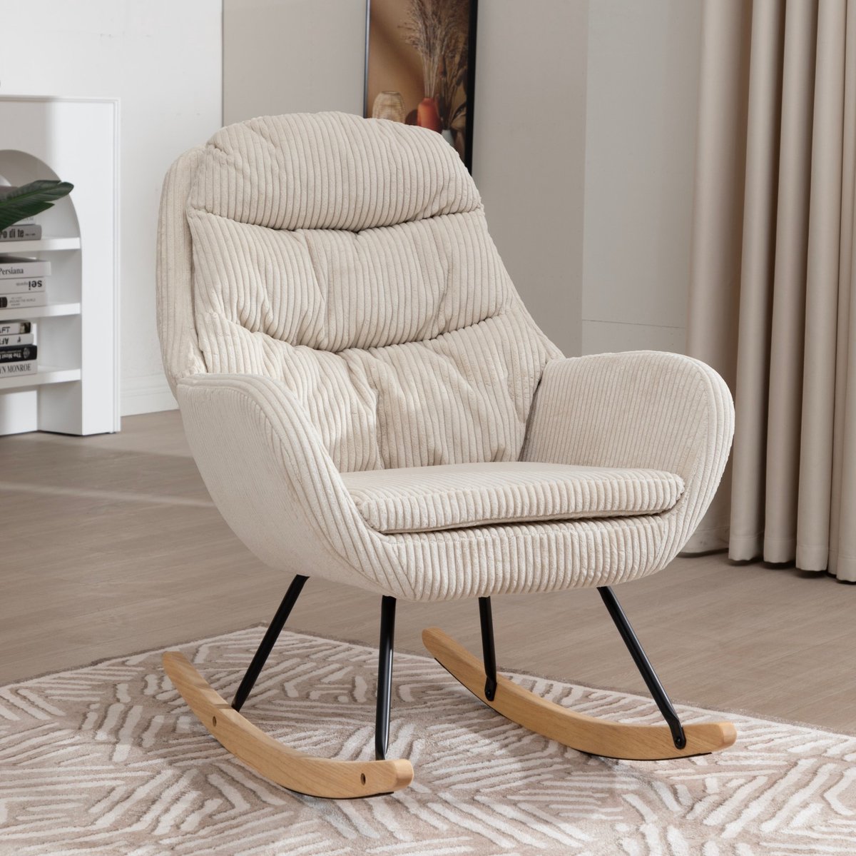 OKWISH Schommelstoel Met Hoge Elastische Pocketveren 74 X 94 X 96 Cm Corduroy Beige Metalen Frame Voor Ontspannen Zitten Thuis