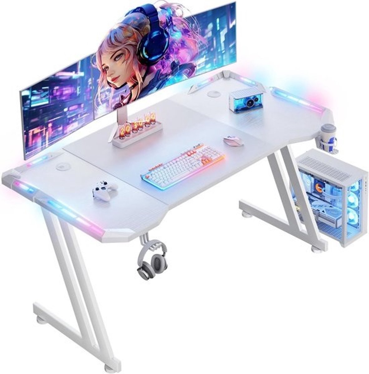Grote Gaming Desk 120x60cm met LED Verlichting - PC Tafel met Koptelefoonhouder en Bekerhouder