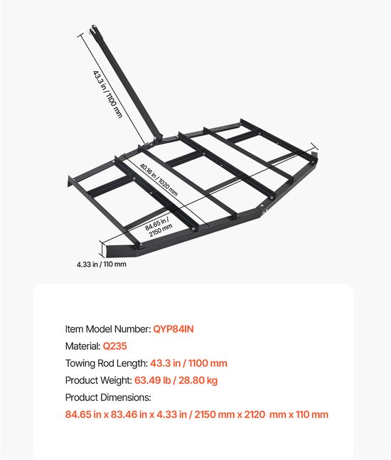 Getrokken Eg, 2150x2120x110mm, Weide-Eg van Q235 Staal met Verstelbare Stangen en Boutkoppeling, Nivelleerinrichting voor Tractoren, Terreinvoertuigen en UTV's — afbeelding 3