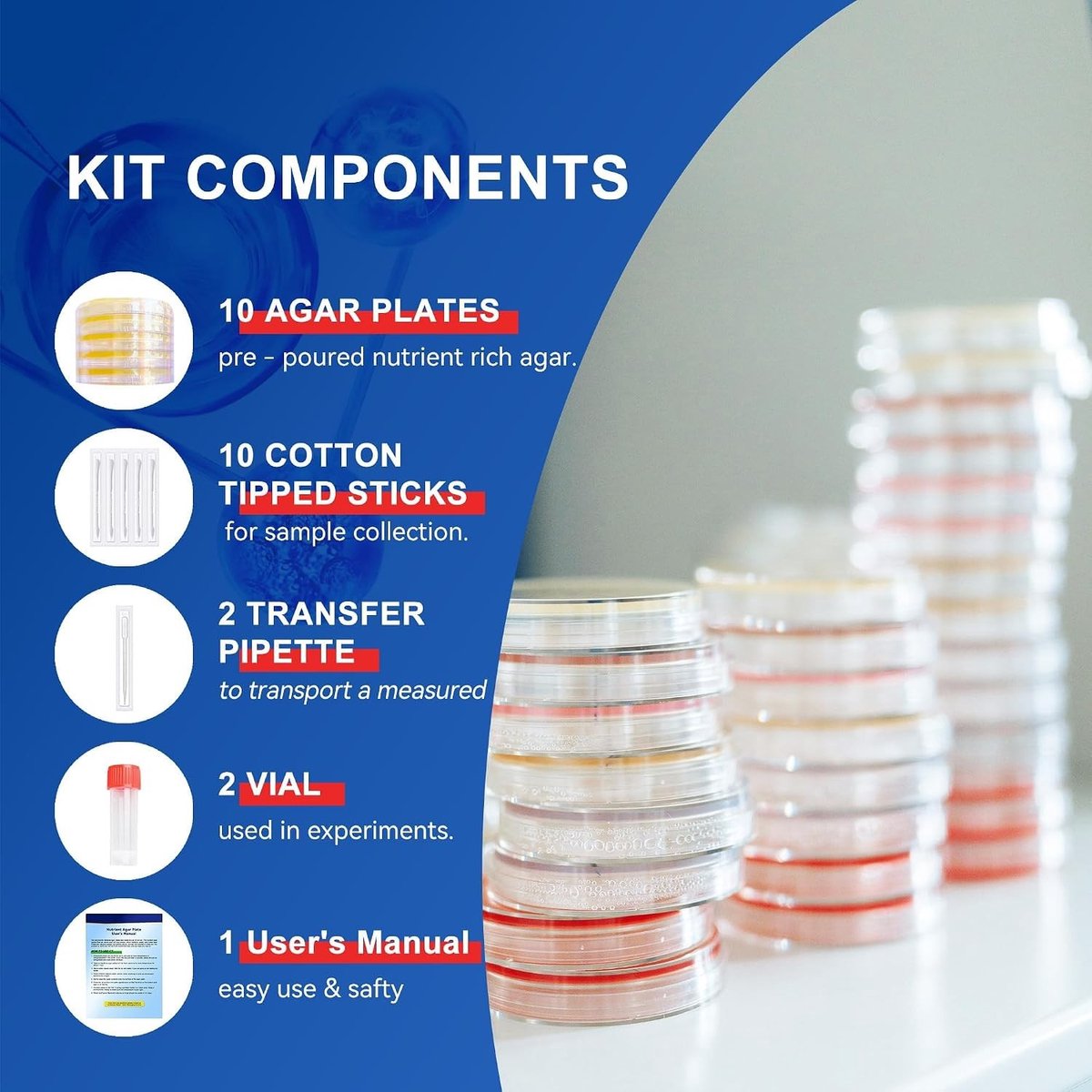 Wetenschappelijke Projectkit voor Nutrienten Agar Platen en Swabs voor Experimenten | Bacteriële Analyse Set, 30 Stuks, Geschikt voor Onderwijs en Laboratoria