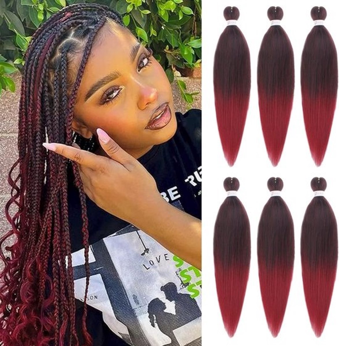 Voorgestrekte Vlechten Haar 6 Pakken Ombre Burgundy Zachte Yaki Textuur Synthetische Haarverlengingen