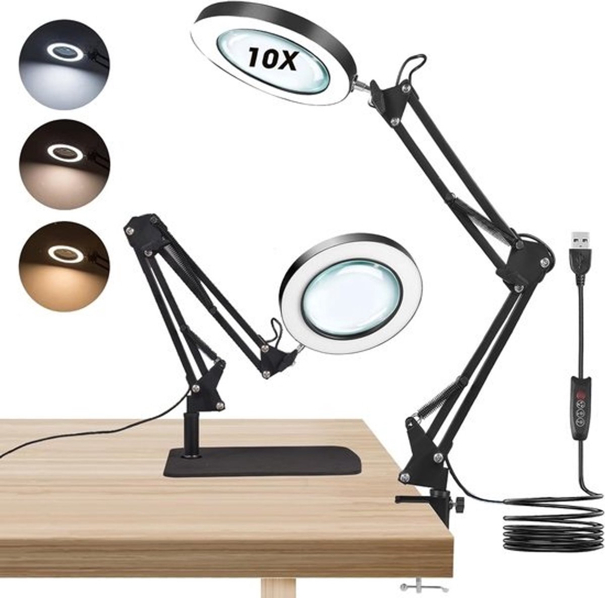 SnelShoppen - Magnifying Lamp 10x met 72 LEDs, 3 Kleuren, 10 Helderheidniveaus, 2-in-1 Vergrotende Lamp met Basis en Houder voor Desk, Geïllumineerde