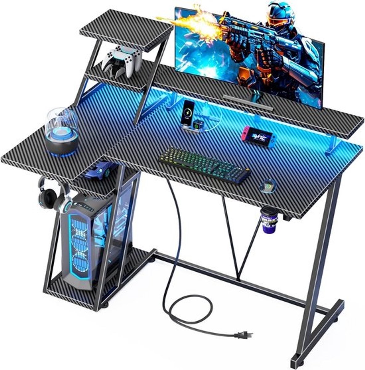 40 Inch Gamingbureau met LED-verlichting en Stopcontact - Klein L-vormig Computerbureau voor Gamers Met Monitorstandaard