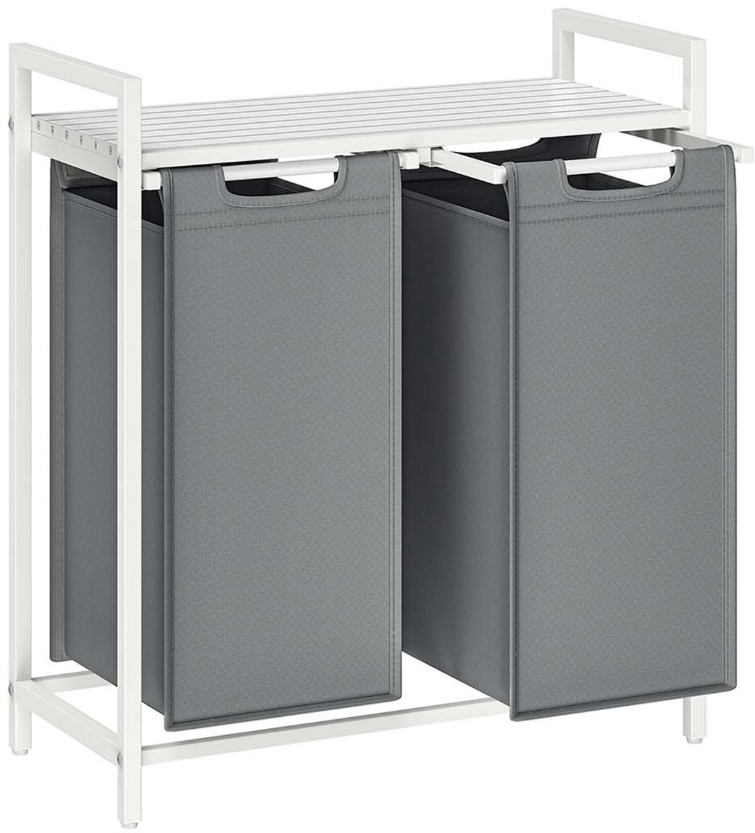 Wasmand met 2 vakken Wasgoed sorteerbak 73 x 33 x 72 cm Wit+grijs 2x46L grote capaciteit met verstelbare voetjes uittrekbare en afneembare waszakken en opbergrek Stevig metalen frame Geschikt voor wasruimte badkamer en slaapkamer