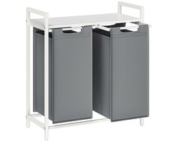 Wasmand met 2 vakken Wasgoed sorteerbak 73 x 33 x 72 cm Wit+grijs 2x46L grote capaciteit met verstelbare voetjes uittrekbare en afneembare waszakken en opbergrek Stevig metalen frame Geschikt voor wasruimte badkamer en slaapkamer