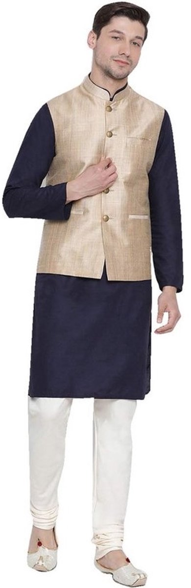 Traditionele Indiase Zijde Blend Kurta Pyjama Set met Nehru Jas voor Heren