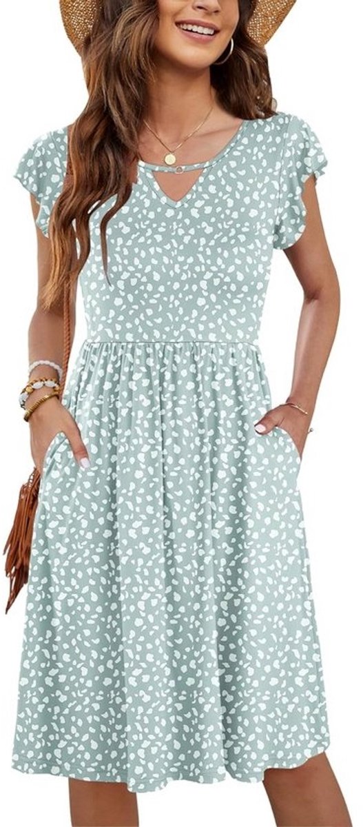 Vrouwen Zomerjurk V-Hals Ruches Mouwen Elastische Taille Loose Swing Casual met Zakken