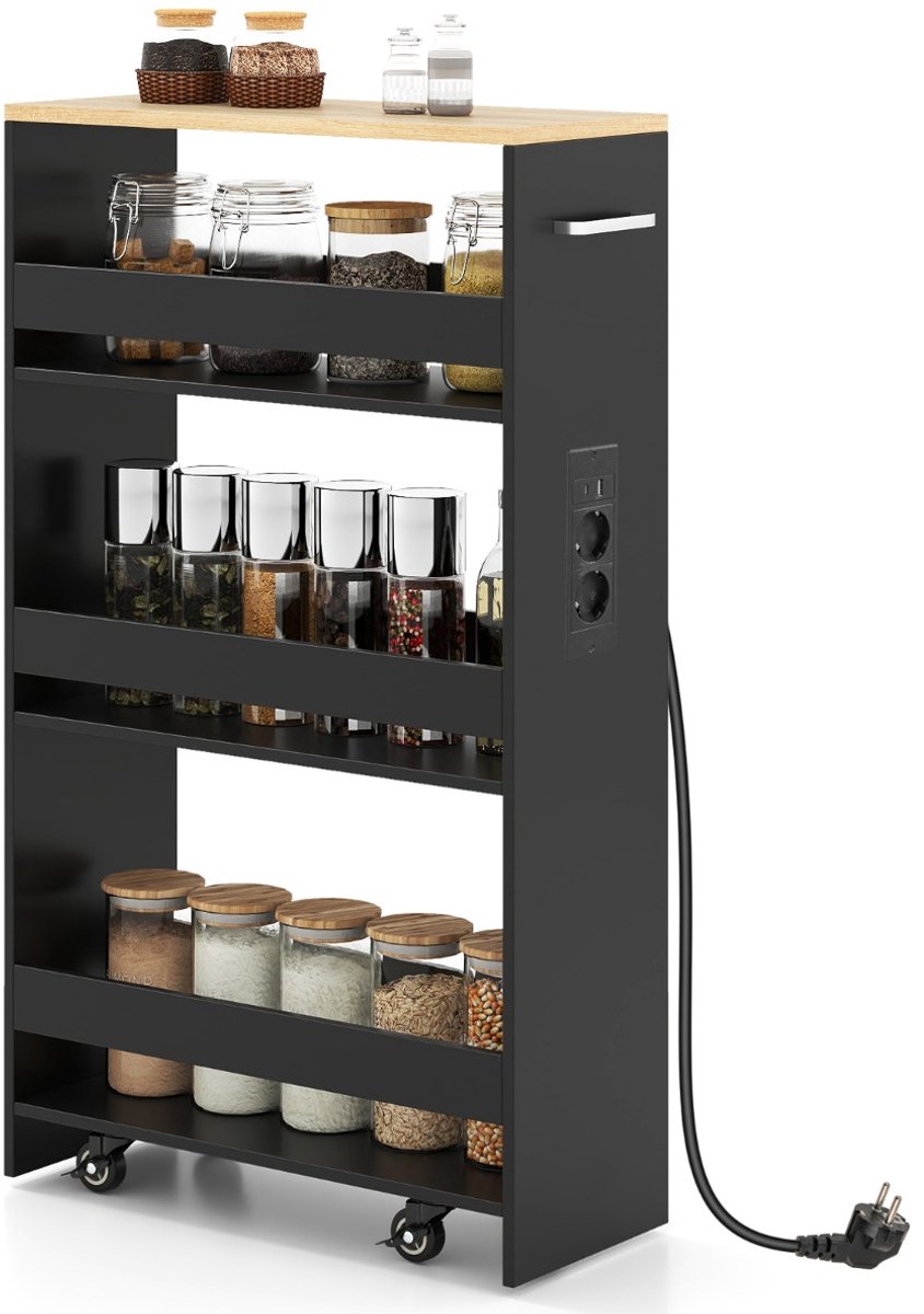 SureDeal® - Buffetkast - 4-laags Trolley Smalle - Oplaadstation - Drie Open Planken - 47,5x20x80,5 cm - Donkerbruin