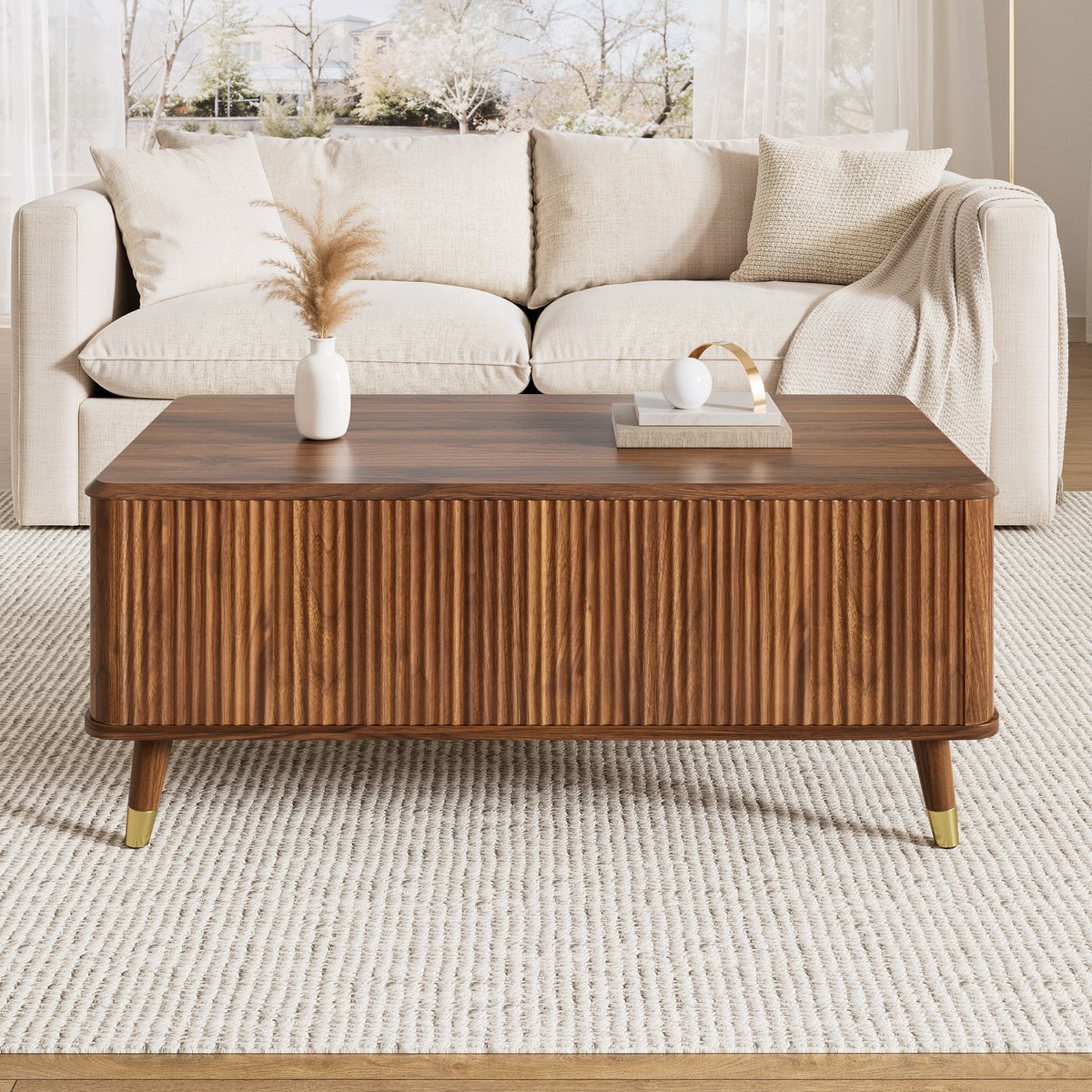 REDOM - Couchtisch - Hoogteverstelbaar tafelblad - Verborgen opbergruimte - Modern retro - Woonkamer - MDF en hout - Walnoot - 97 x 52 x 56,5 cm