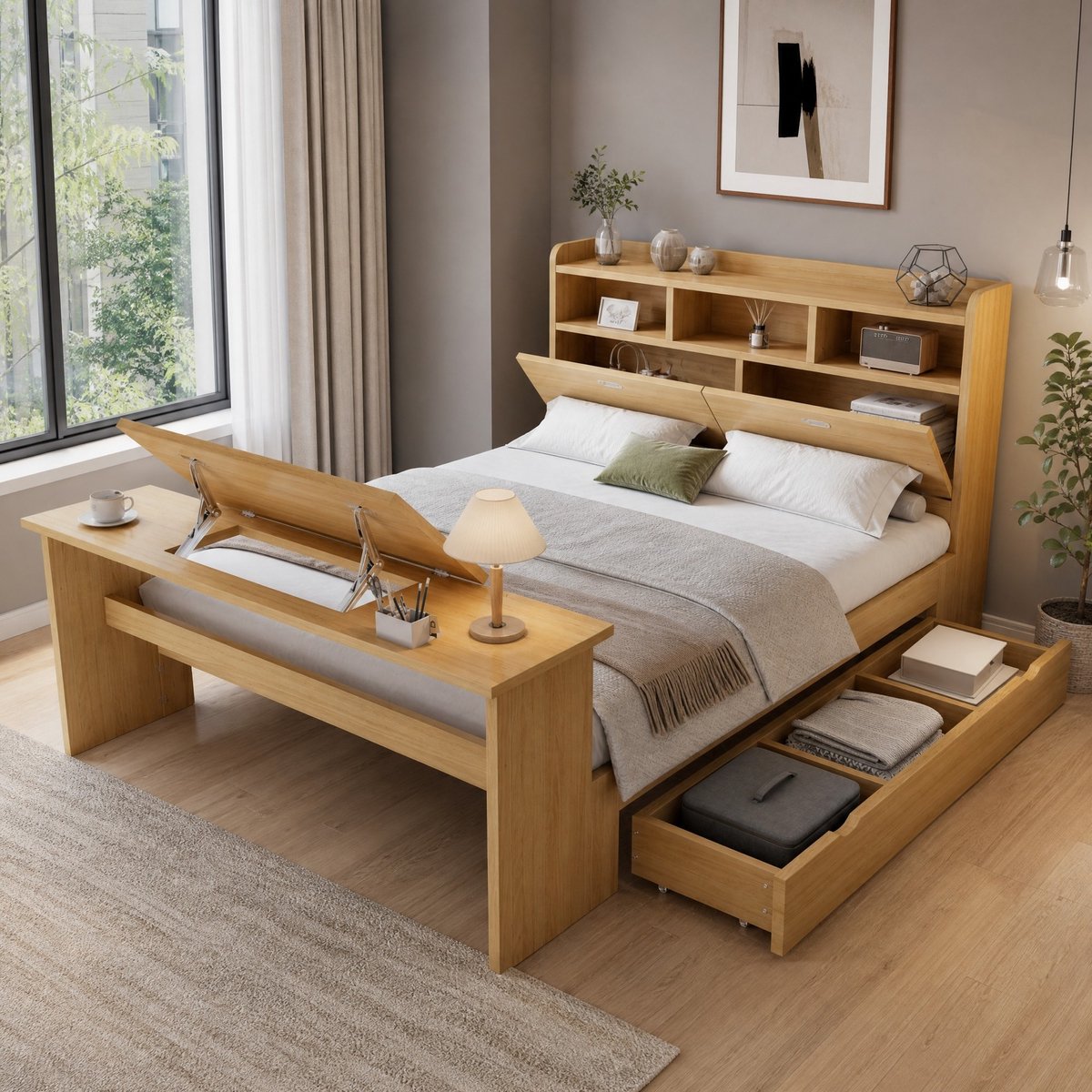 Bedframe Met Opbergruimte En Klaptafel - 140 x 200 Cm - Hout - Natuurlijk - Met Lade En Lattenbodem