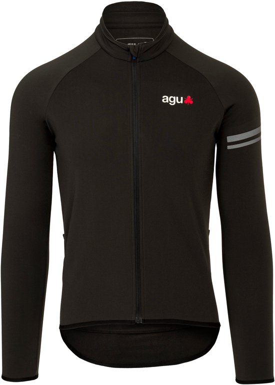 Zwart AGU thermo fietsshirt met lange mouwen, rits aan de voorkant, AGU-logo en reflecterende strepen op de mouw.