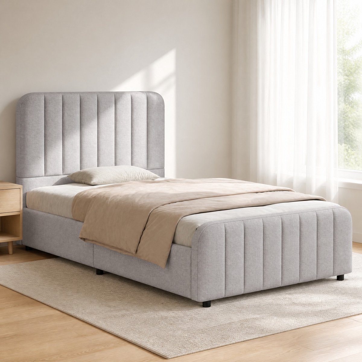 Bed – Hydraulisch Opbergbed – 90 x 200 cm – Stof – Grijs – Kinderbed met Lattenbodem en Hoofdbord