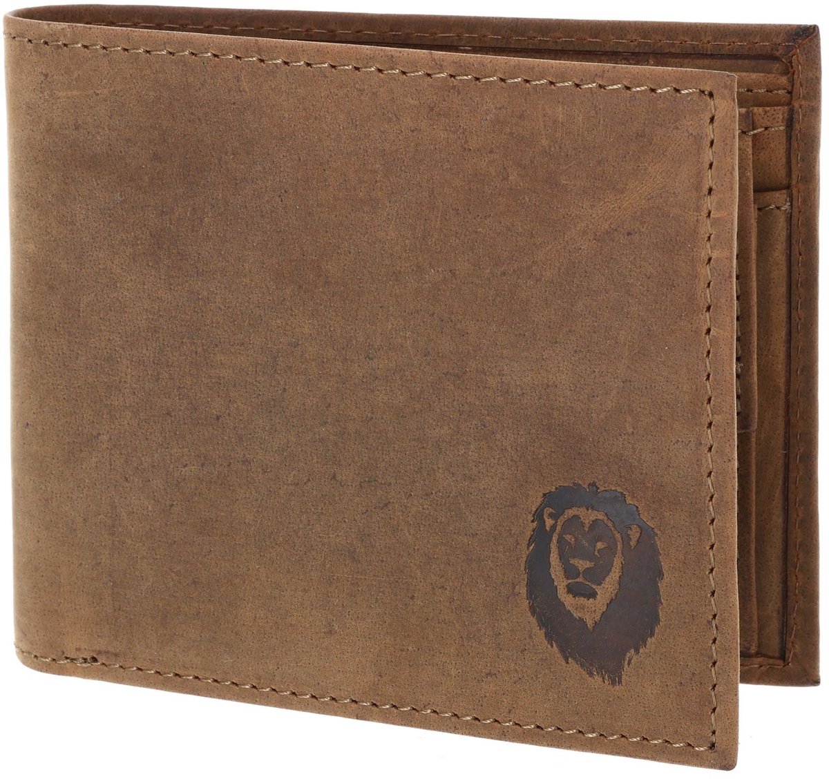 oxmox Leren portemonnee Leather RFID Protect Querscheinbörse Freedom Lion Embossed Vintage Light Brown bruine