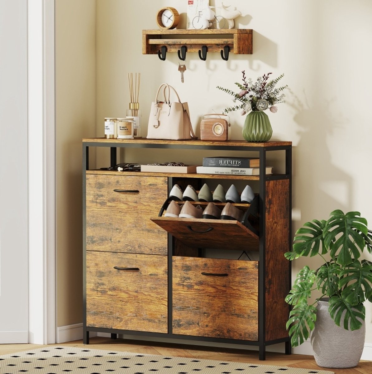 DESMIU Schoenenkast - Smal Model Met 4 Kleplades En Open Bovenrek - Voor Hal En Entree - Hout En Staal - 98x24x95 Cm - Rustiek Bruin