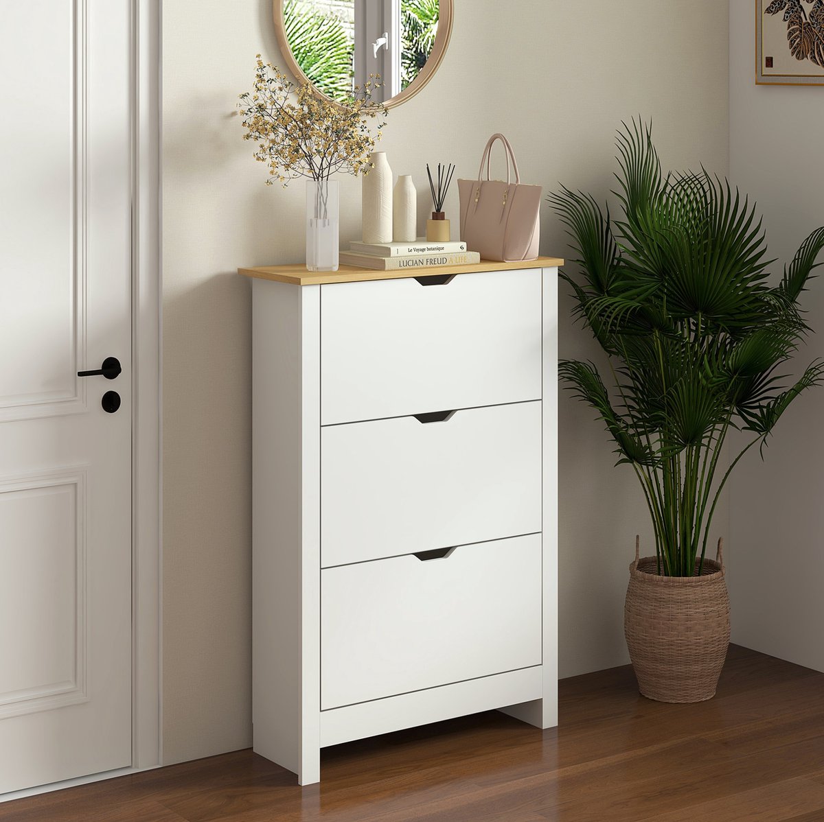 DESMIU Schoenenkast - 3 Kleppen Voor 18 Paar Schoenen - Ruimtebesparend Voor Hal En Entree - Spaanplaat - 72x26x112 Cm - Wit En Natuur
