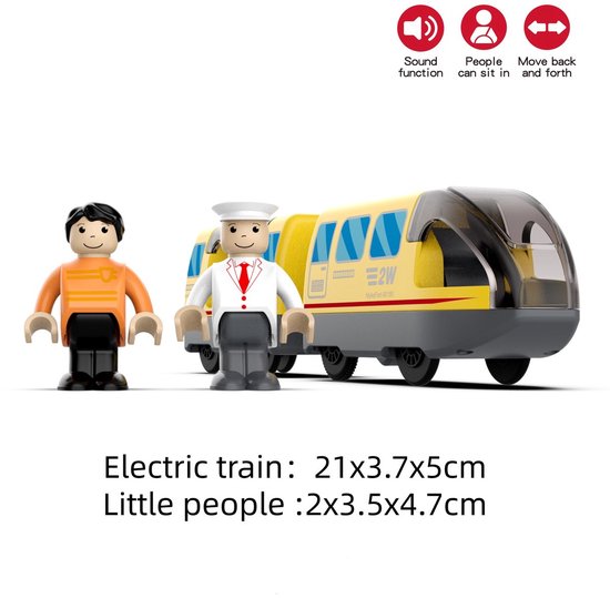 Gele elektrische trein met ramen en twee speelgoedfiguren, één met pilotenmuts.