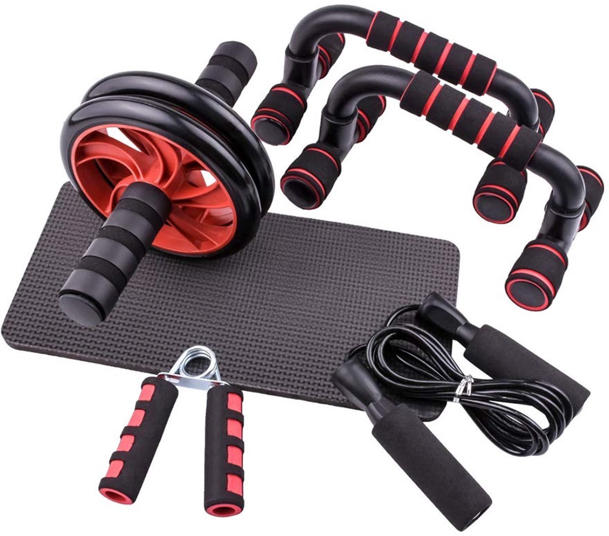Buikspiertrainers - Ab Roller - 7-in-1 Fitnessapparatuur Combinatie - Sportartikelen voor thuis - Springtouw - Handknijper - Weerstandsbanden - Push Up Grips - Multifunctionele Trainingsset - Rood
