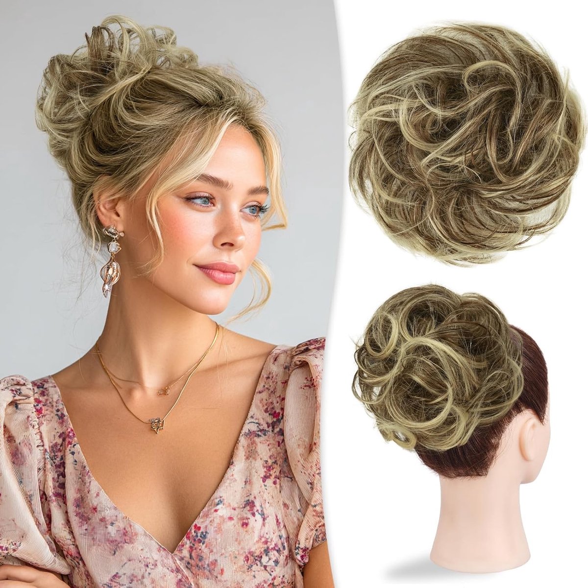 Natuurlijke Haarstuk voor Dames - Krullend en Golvend Haar Bun met Elastiek - 32g, Bruin met Lichtblond