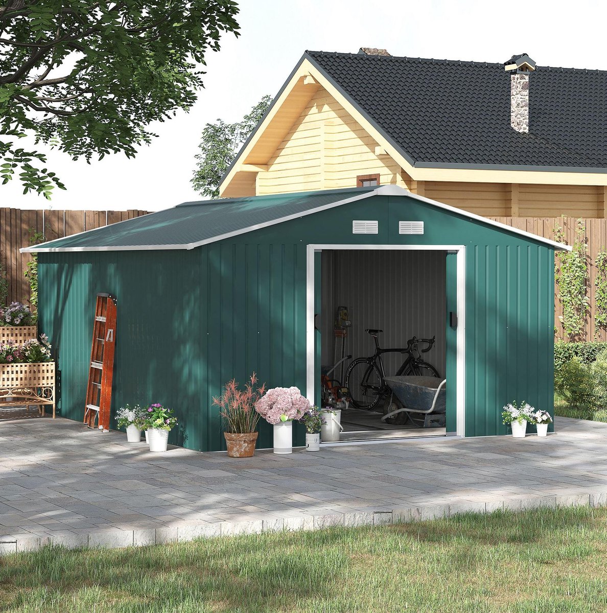 COVREO Schuur 340 x 386 x 200 cm donker groen staal - met schuifdeuren en fundament voor tuinopslag