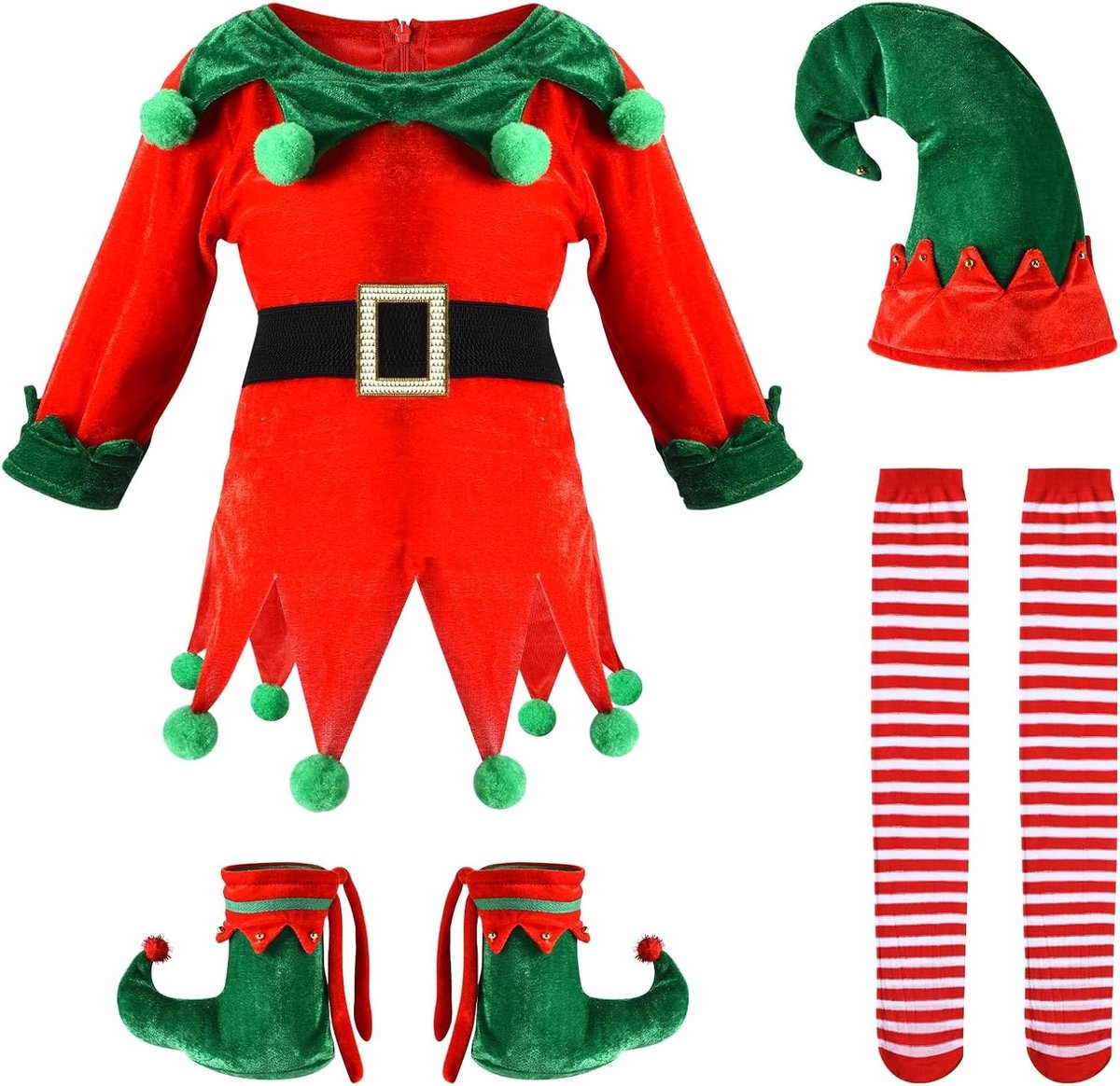 Vijfdelige Kerst Elf Kostuum Set voor Meisjes en Vrouwen, Inclusief Hoed, Schoenen en Gestreepte Kousen voor een Feestelijke Look